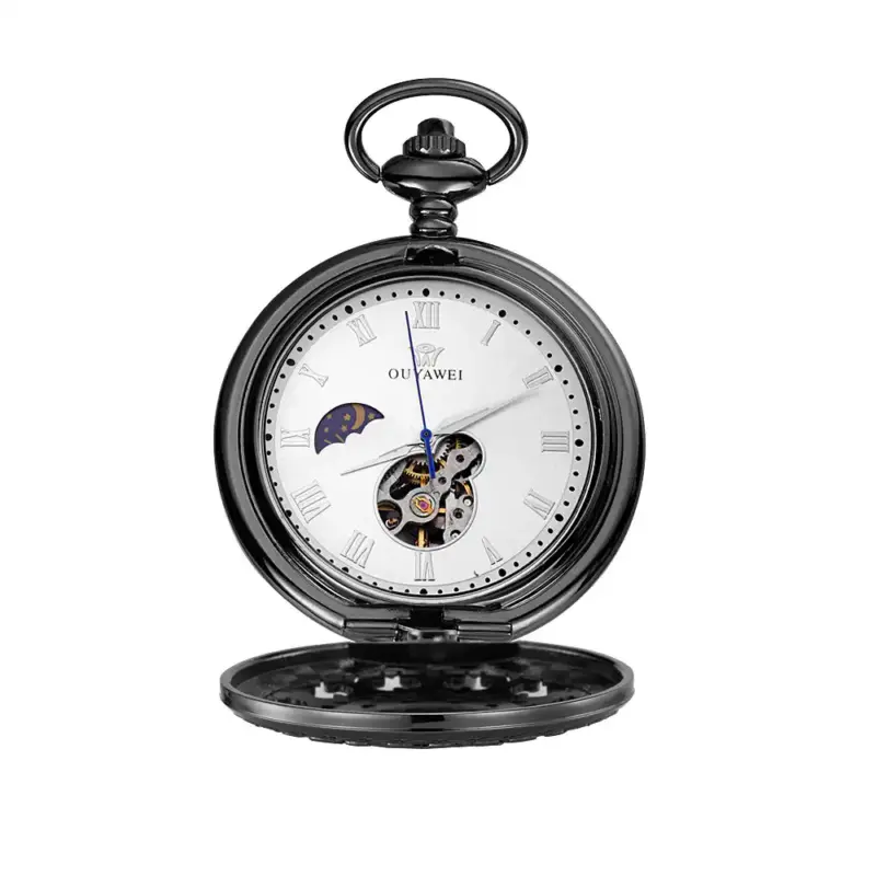 Montre à gousset mécanique à ouverture coque avec motif Toile d'Araignée, cadran blanc et détails romains noirs, exposant le mécanisme, avec une phase de lune.