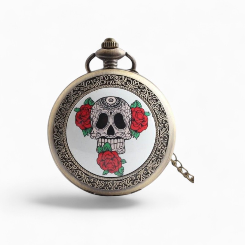 Montre à Gousset Homme Crâne de fleur mexicain | La Montre à Gousset