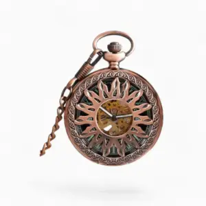 Montre à Gousset Mécanique Tournesol en bronze avec engrenages visibles et motif ajouré, accompagnée de sa chaîne assortie.