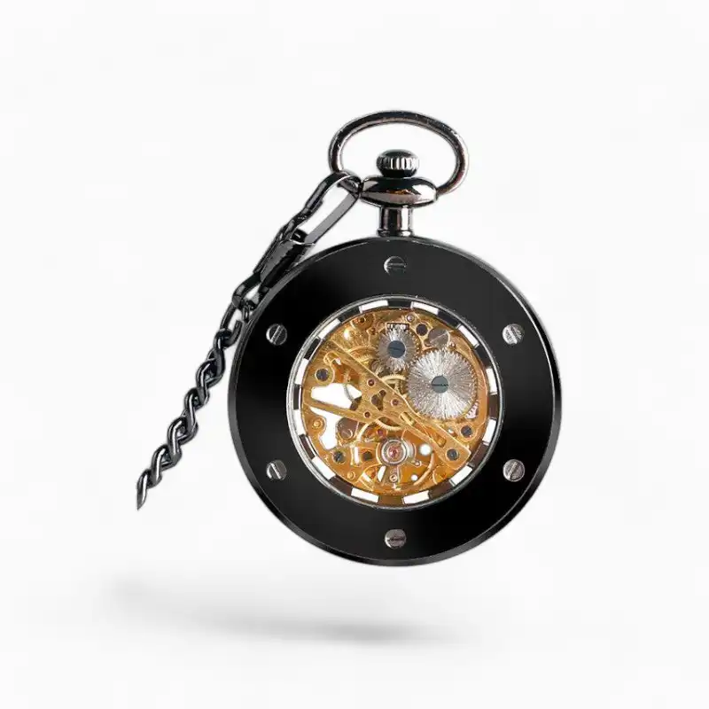 Montre à Gousset Mécanique Croix Potencée noire avec mécanisme apparent et chaîne assortie.