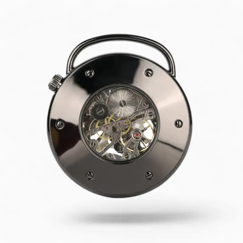 Montre à Gousset Mécanique Gandin avec mécanisme visible et boîtier en acier poli, vue de face isolée sur fond blanc.