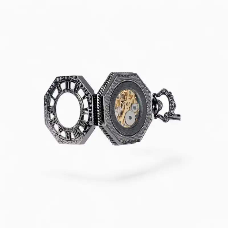 Montre à Gousset Mécanique Hexagone Noire posée | La Montre à Gousset