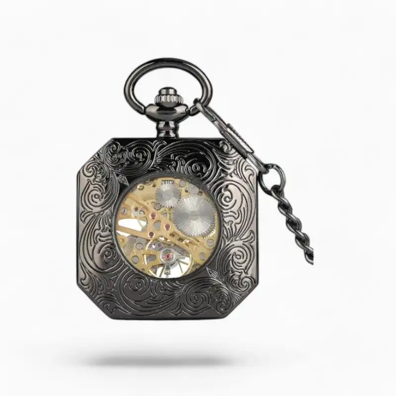 Montre à Gousset Mécanique octogonale avec gravures florales et mécanisme apparent.