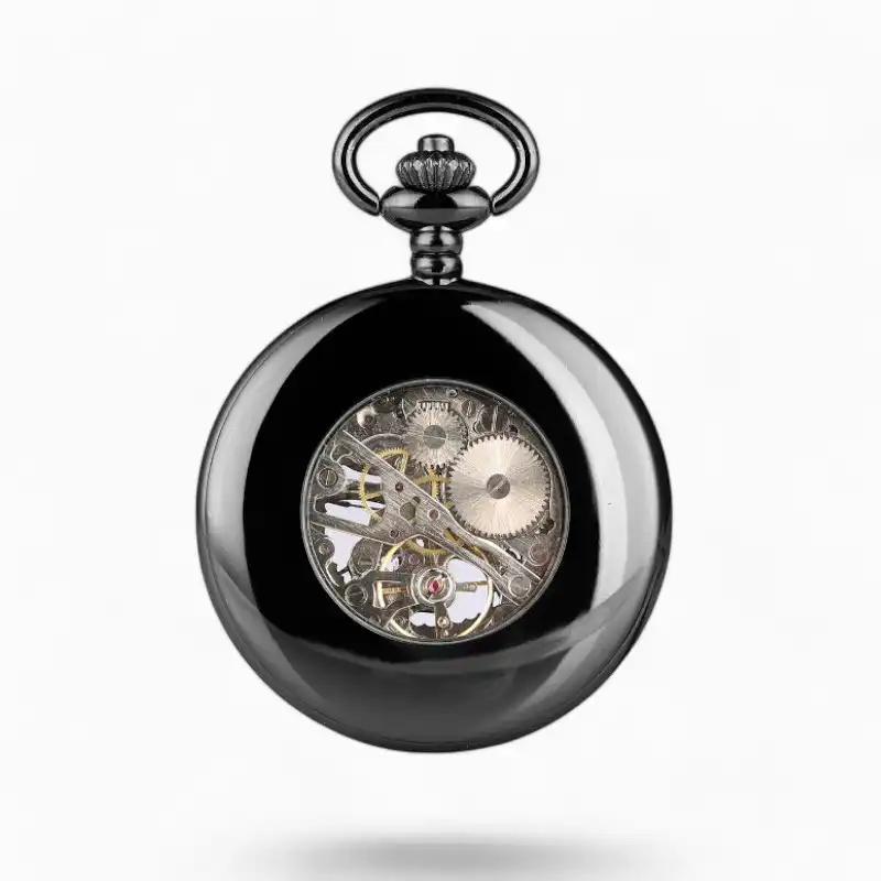 Montre à Gousset Mécanique Révolutionnaire avec mécanisme visible et boîtier noir élégant, détails précis et conception classique.