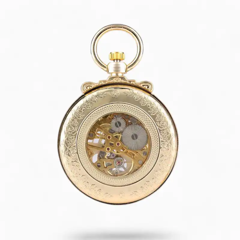 Montre à Gousset Mécanique Victoria en or avec mécanisme visible et gravures détaillées sur boîtier externe.