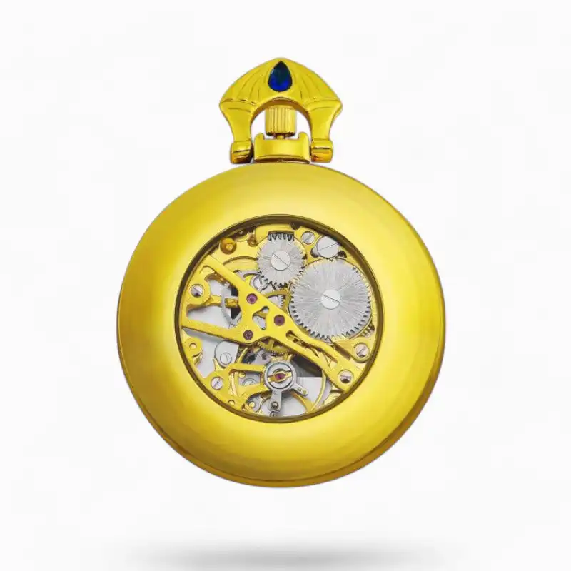 Montre à Gousset Mécanique Victorienne dorée ouverte avec mécanisme apparent et pierre précieuse bleue.