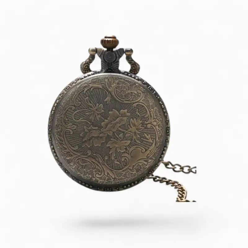 Montre à Gousset Horloge Astronomique vintage avec gravures florales et motifs de dragons sur fond neutre, détails métalliques et chaîne élégante.