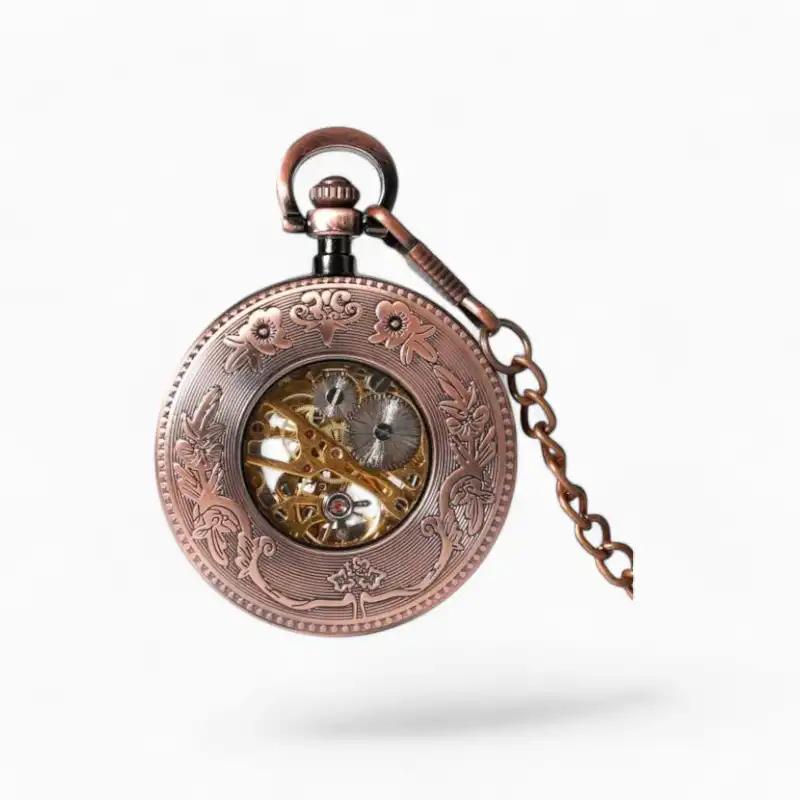 Montre à Gousset Mécanique Cuivrée avec chaîne, cadran squelette transparent et motifs floraux gravés