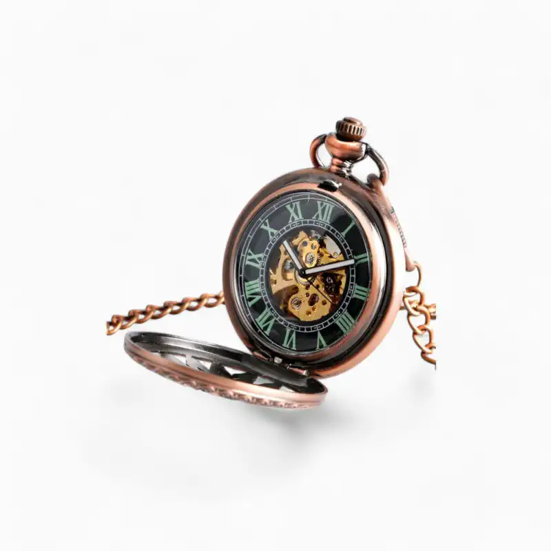 Montre à Gousset Mécanique Tournesol en bronze avec un design transparent, chaîne incluse, chiffres romains sur cadran noir.