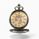 Montre à Gousset Mécanique Céleste ouverte affichant un mécanisme complexe et un cadran doré avec des chiffres romains.