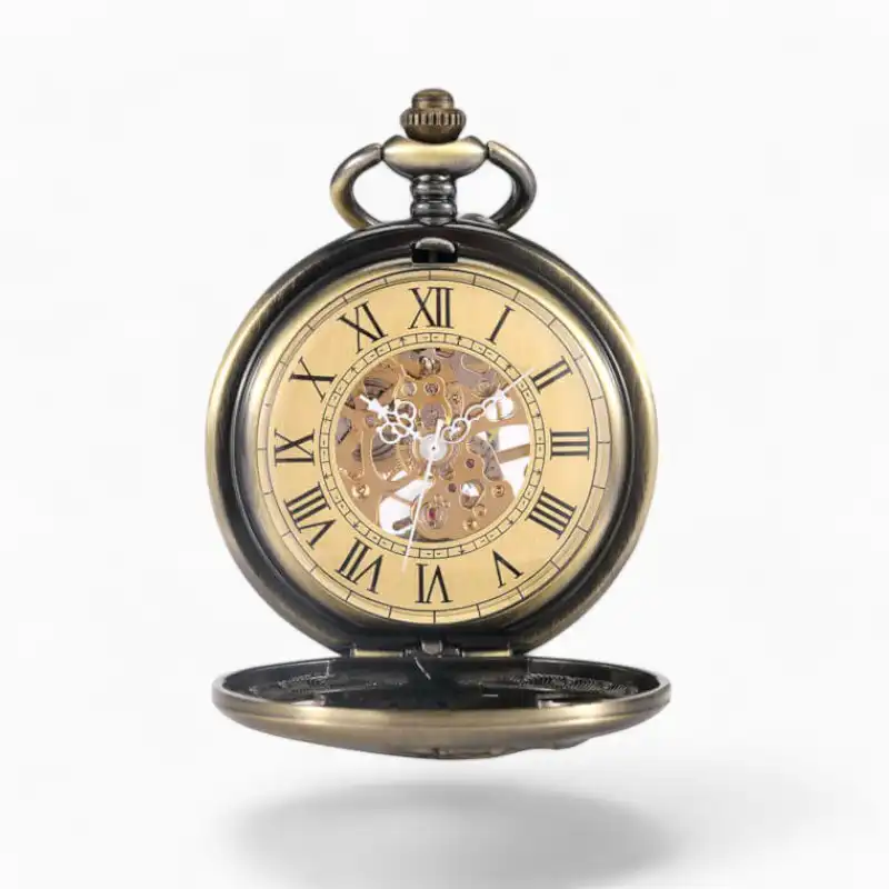 Montre à Gousset Mécanique Céleste ouverte affichant un mécanisme complexe et un cadran doré avec des chiffres romains.
