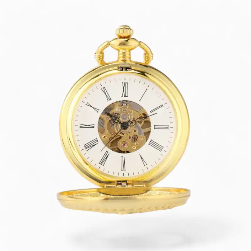 Montre à Gousset Mécanique Phœnix Doré avec mécanisme visible, chiffres romains et boîtier en or ouvert sur fond blanc.