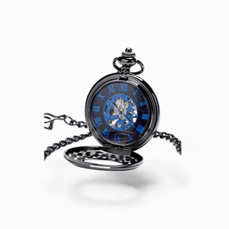 Montre à Gousset Mécanique Vigilant ouverte avec cadran bleu transparent, chiffres romains et mécanisme visible sur fond blanc