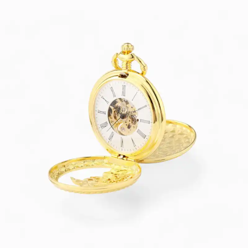 Montre à Gousset Mécanique Phœnix Doré ouverte avec cadran blanc, chiffres romains noirs et mécanisme visible sur fond blanc.