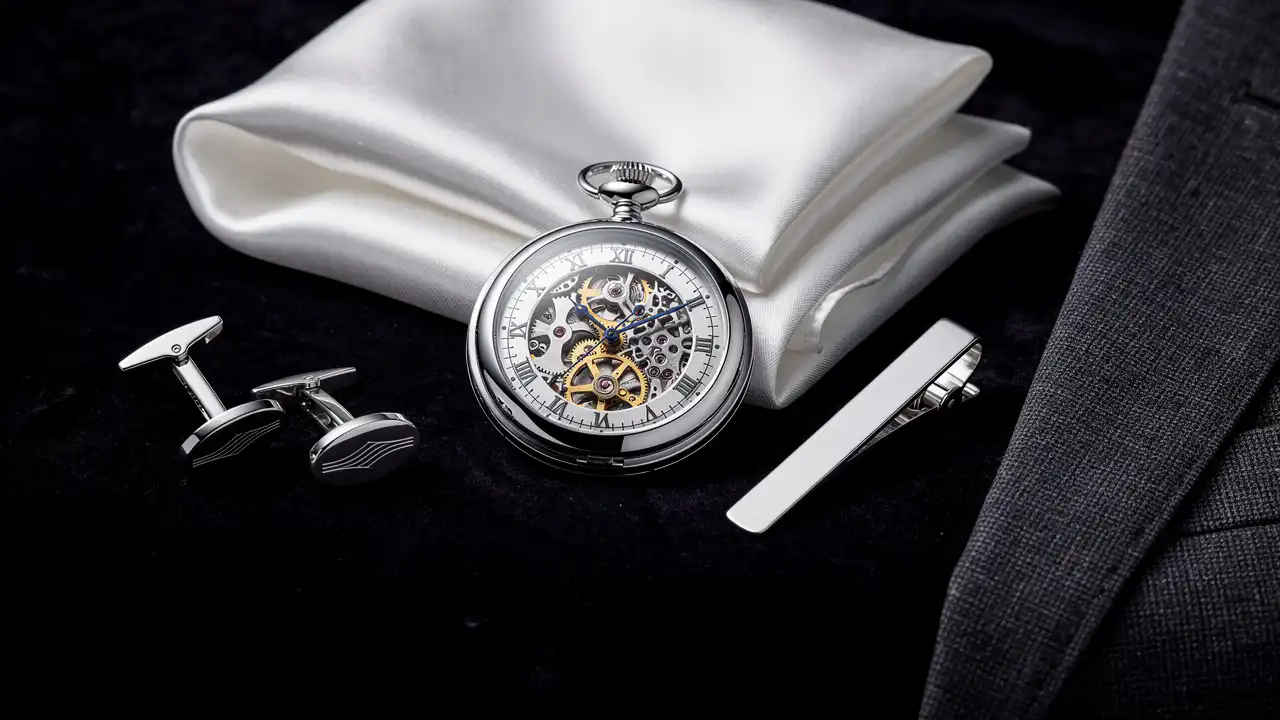 Ensemble d'accessoires masculins raffinés autour d'une montre à gousset