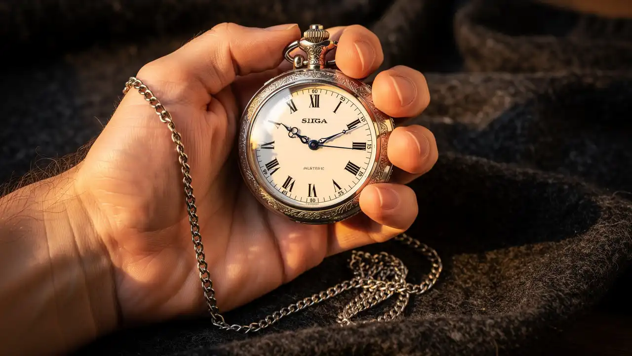 Gros plan sur le boîtier et la chaîne d'une montre à gousset