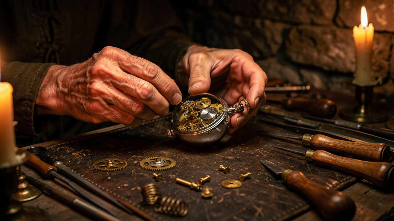 Artisan horloger de la Renaissance façonnant une montre portative