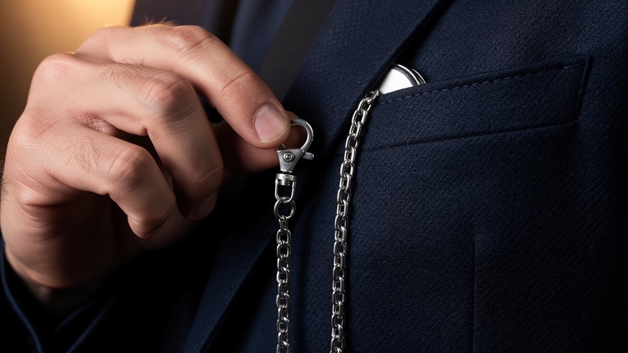 Chaîne de montre à gousset fixée à la boutonnière de veste