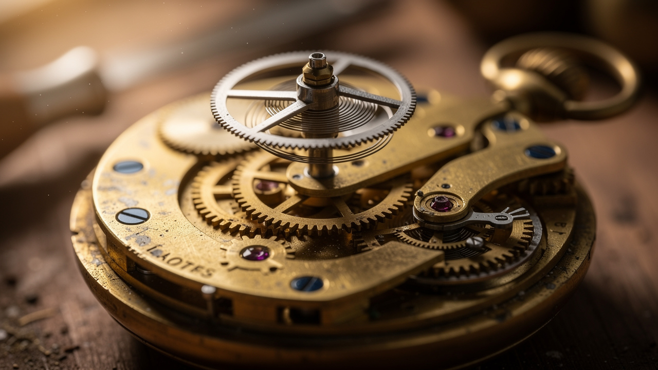 Balancier et ressort de barillet d'une montre à gousset ancienne