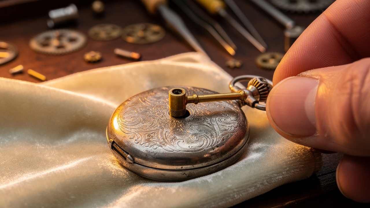 Clé de remontoir insérée dans une montre ancienne