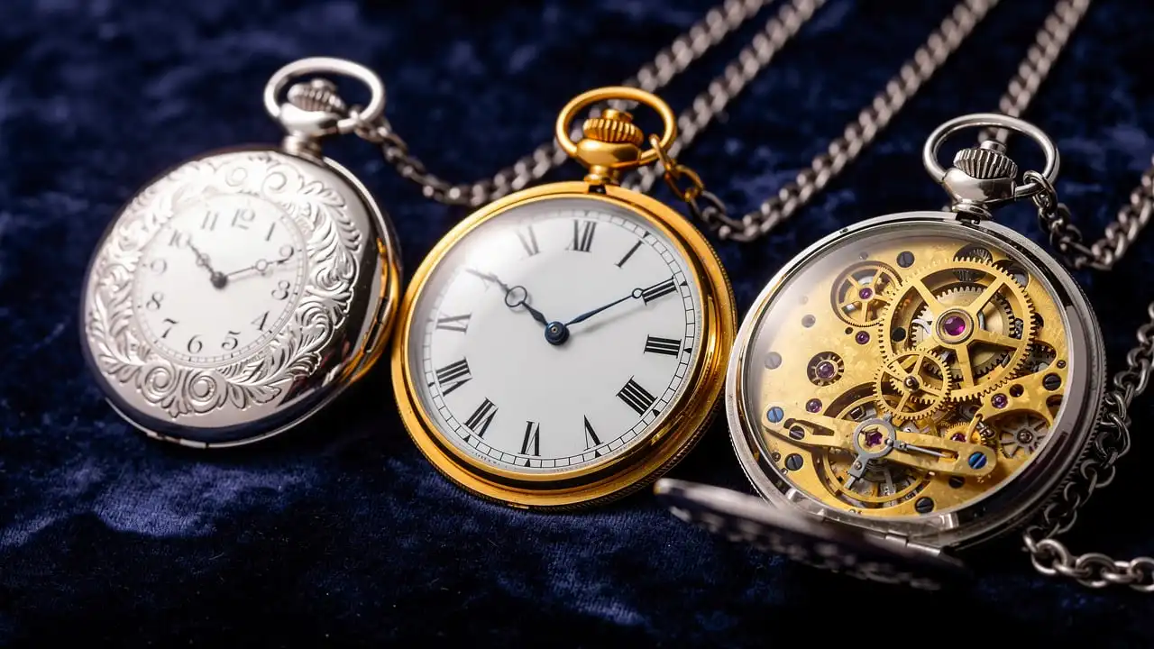Collection de montres de poche anciennes sur velours bleu