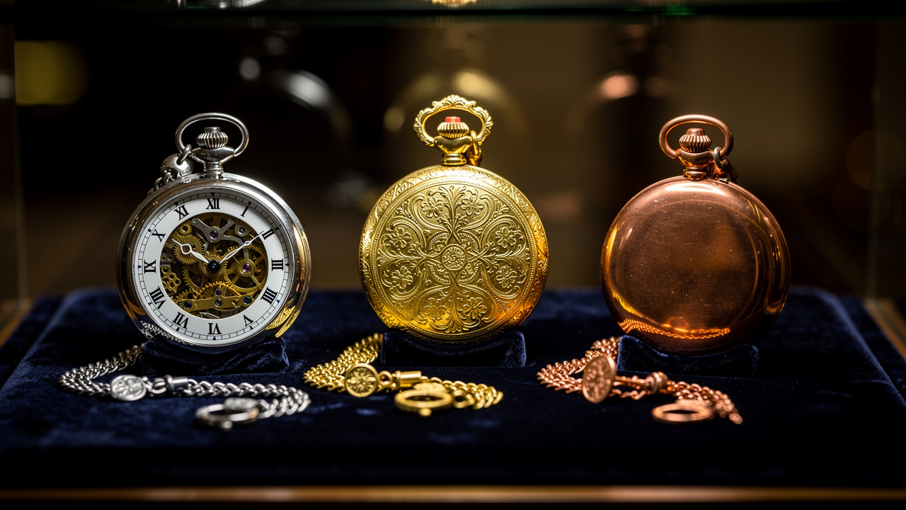 Collection de montres à gousset de valeur exposées sur velours