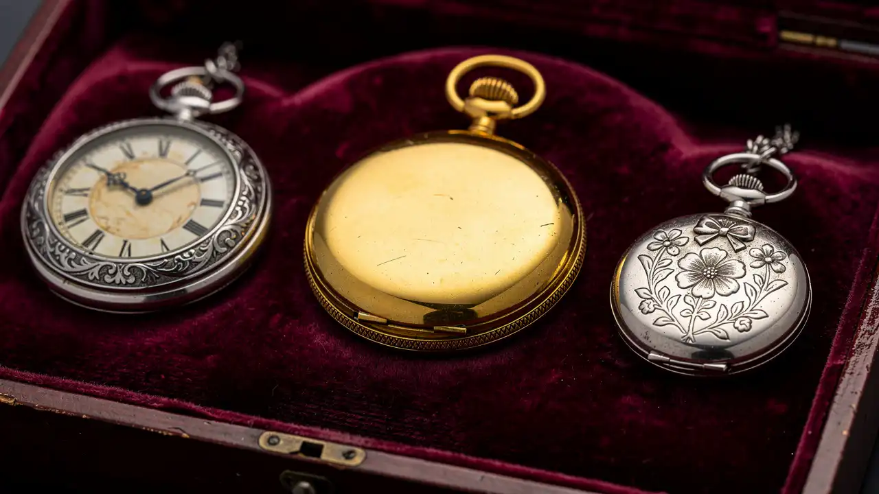 Collection de montres à gousset en or et argent sur velours