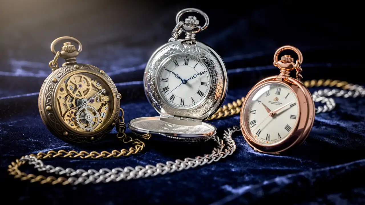 Collection variée de montres à gousset sur velours