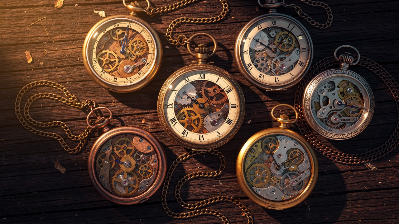 Collection de montres à gousset steampunk et vintage ouvertes