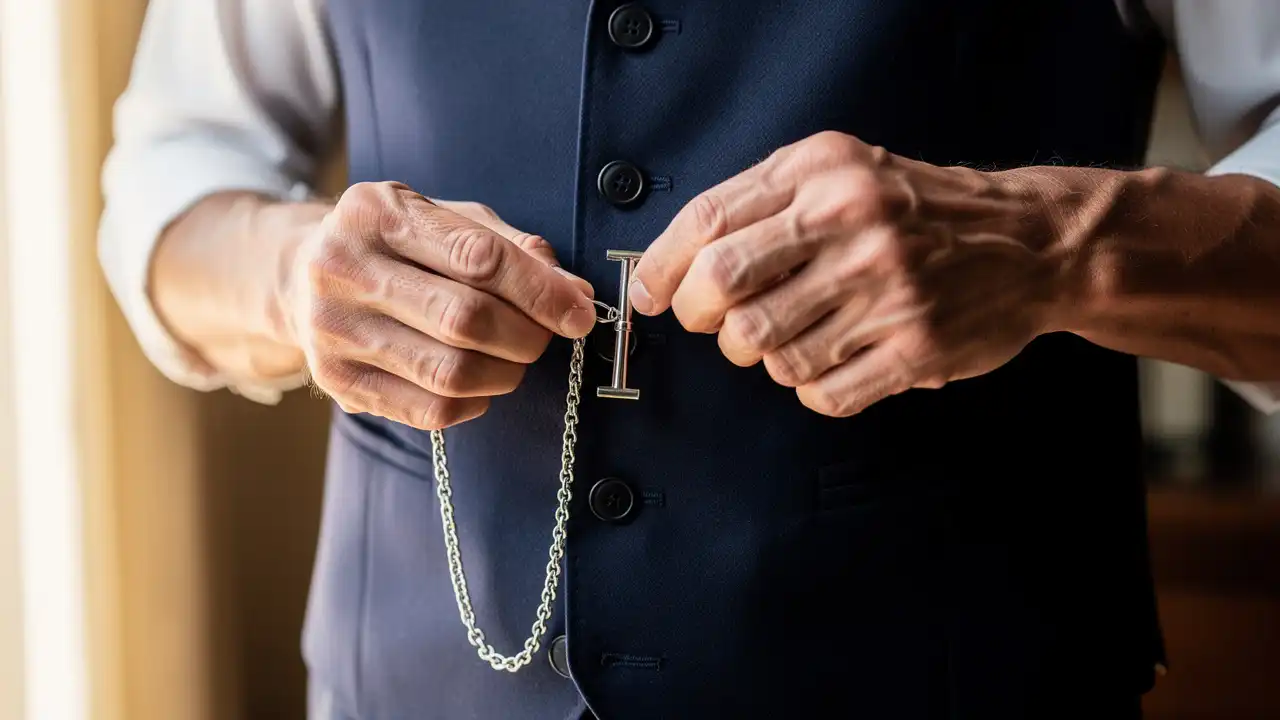 Homme fixant la barre en T d'une chaîne dans une boutonnière de gilet