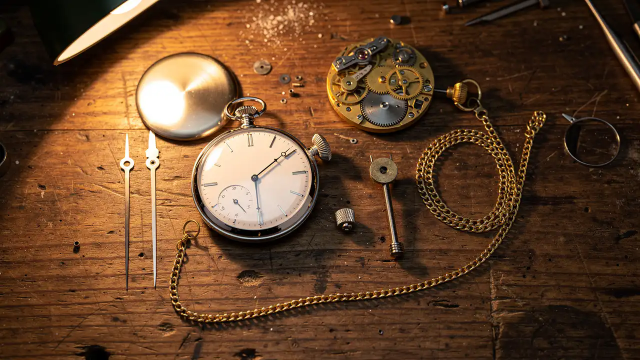 Six composants essentiels d'une montre à gousset sur établi