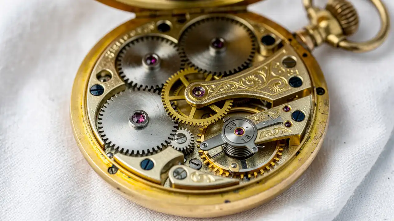 Mécanisme interne d'une montre à gousset ancienne