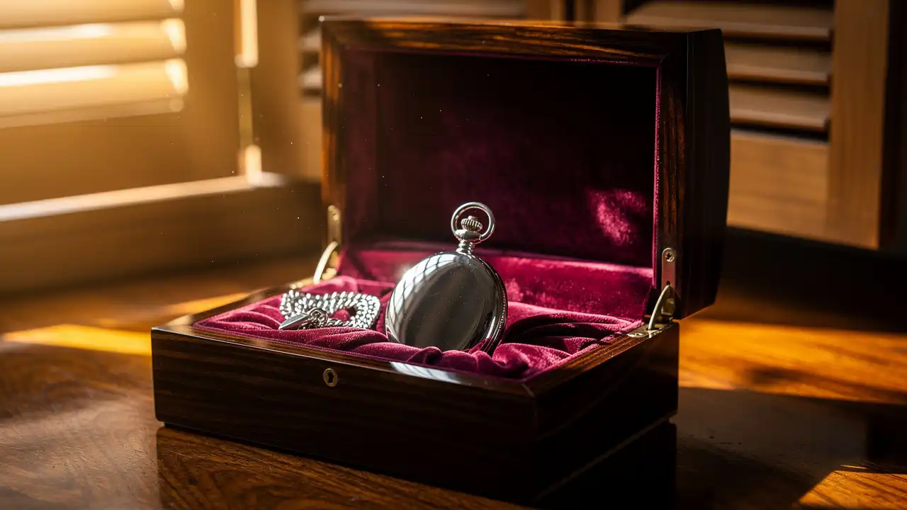 Montre à gousset conservée dans un écrin de rangement
