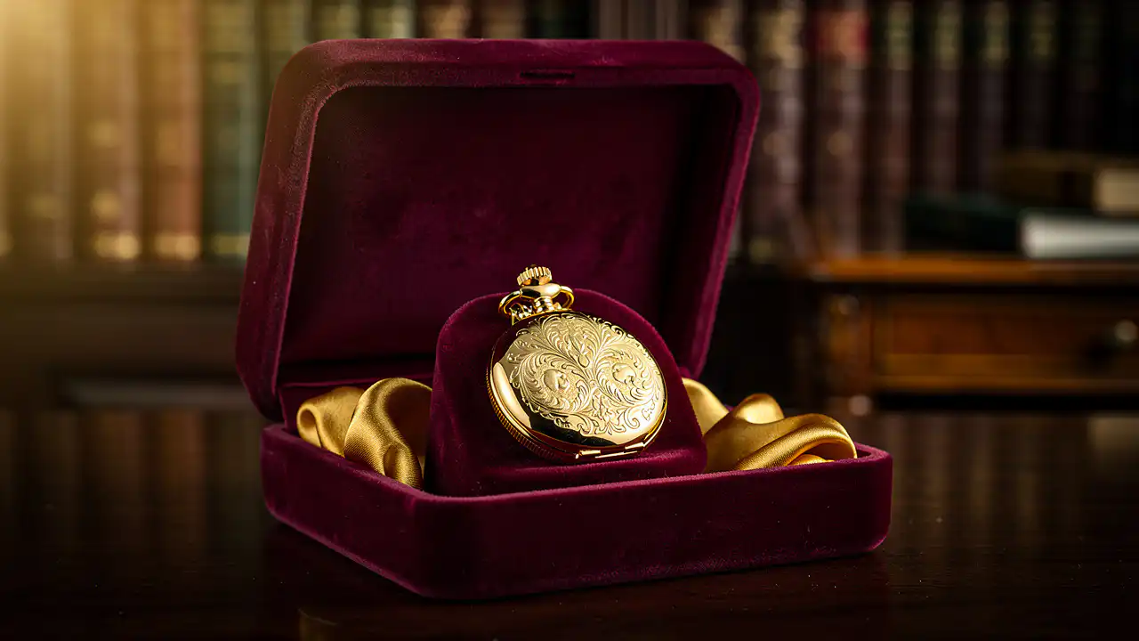 Écrin velours bordeaux avec montre à gousset cadeau prestige