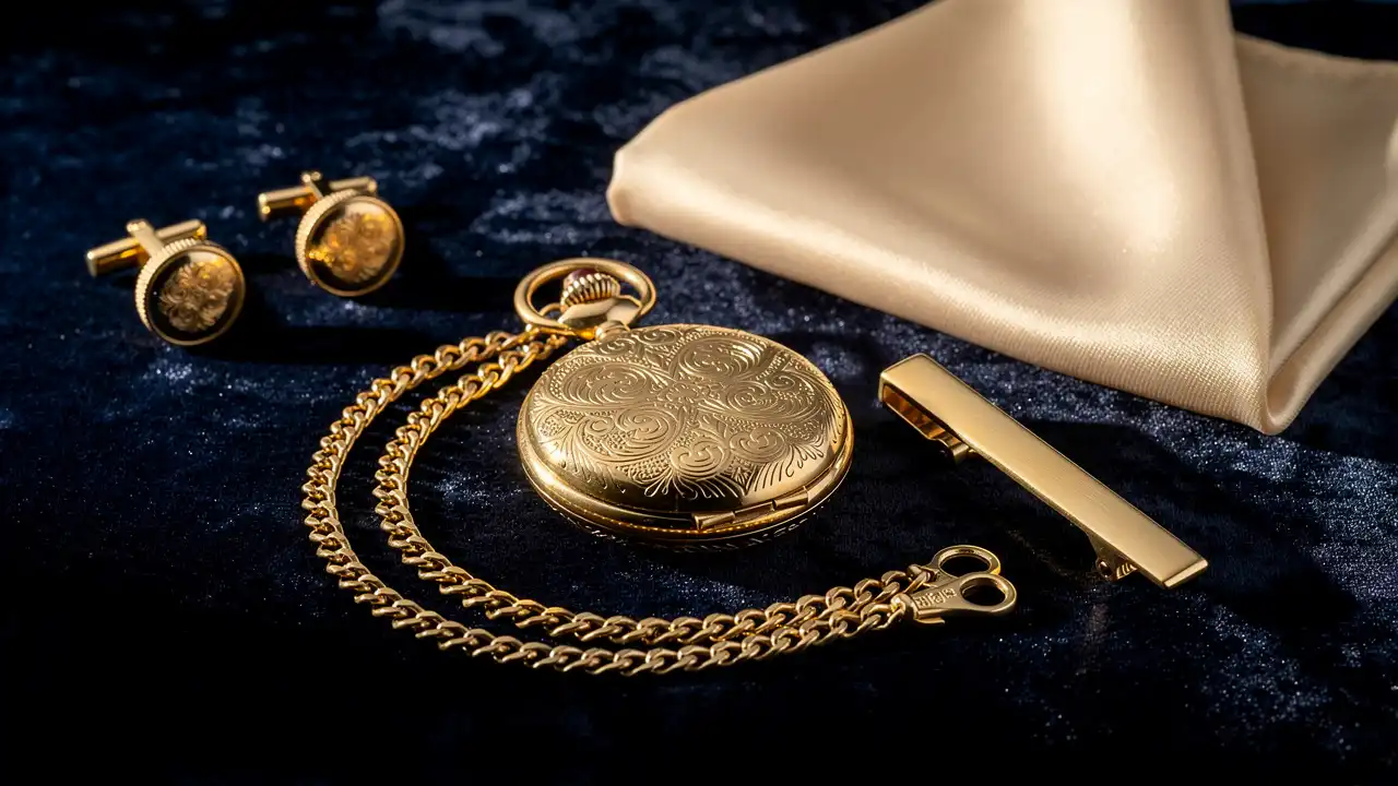 Ensemble d'accessoires coordonnés avec montre à gousset dorée