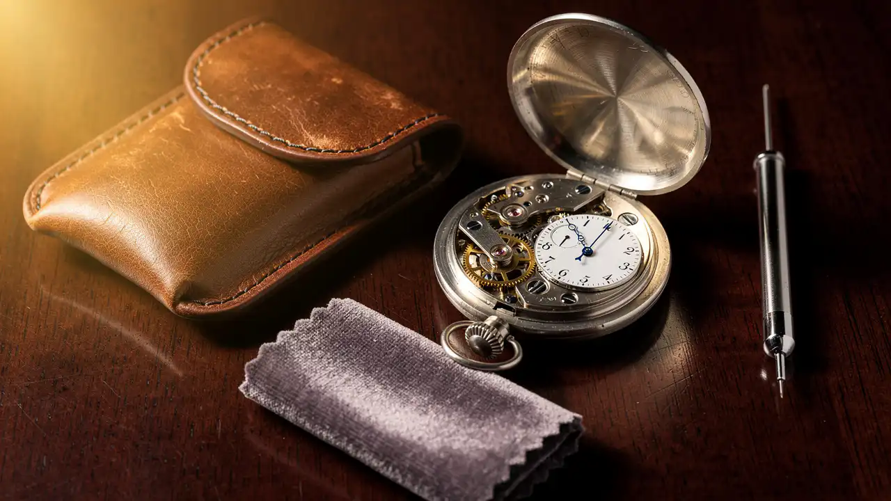 Montre à gousset mécanique ouverte avec accessoires d'entretien