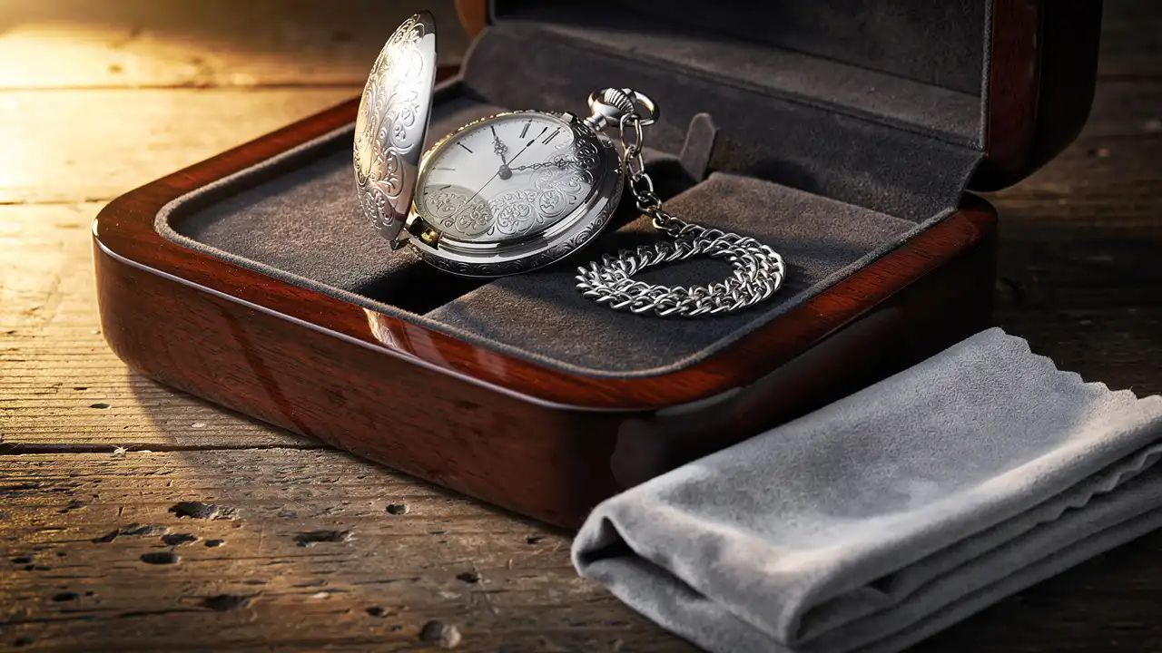 Montre à gousset rangée dans son écrin avec chaîne et chiffon