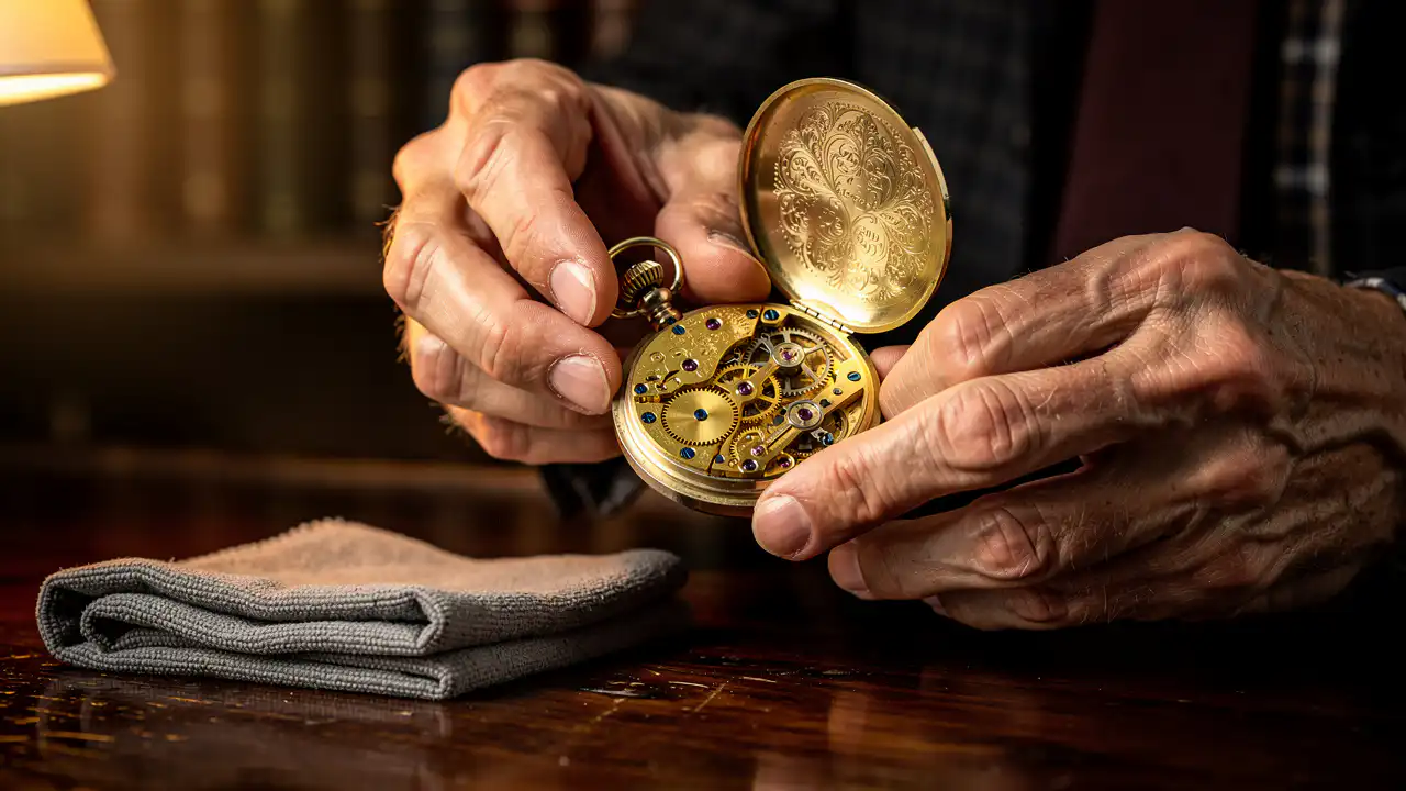 Remontage délicat d'une montre à gousset mécanique par des mains expertes