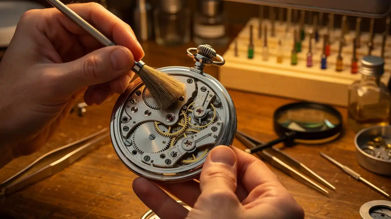 Horloger entretenant une montre à gousset mécanique