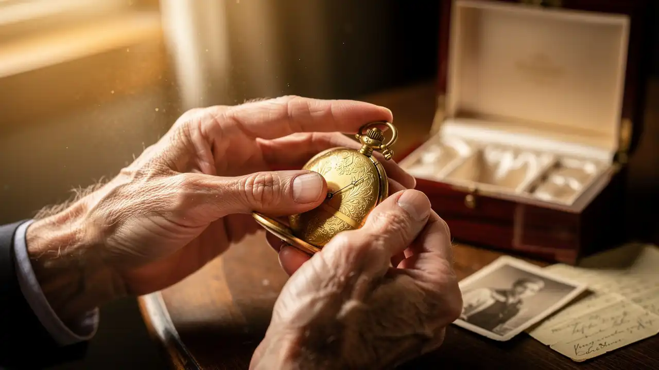 Mains transmettant une montre de poche en héritage familial