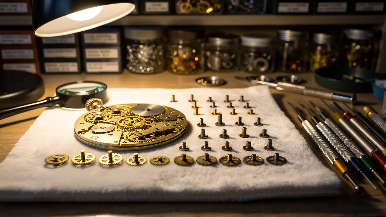 Établi d'horloger avec montre à gousset démontée