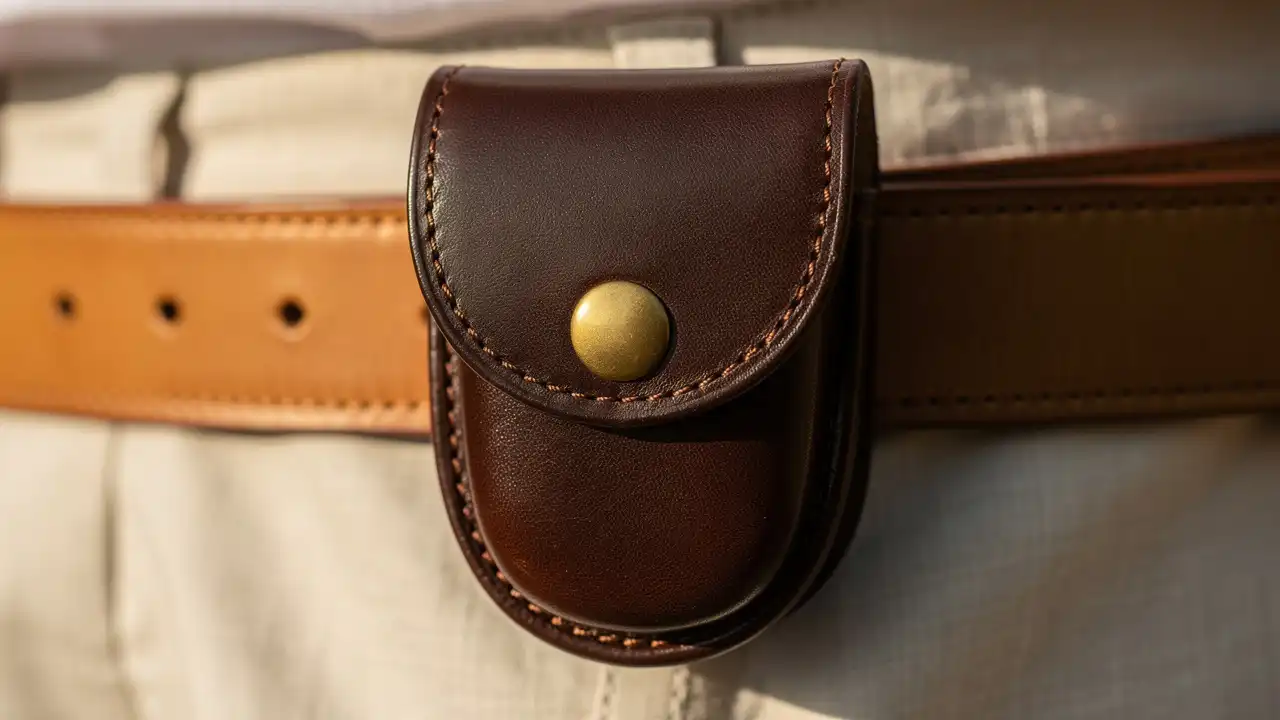 Étui en cuir marron pour montre à gousset fixé à une ceinture