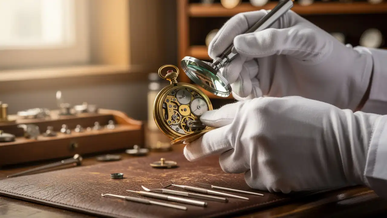 Horloger expert examinant une montre à gousset ancienne
