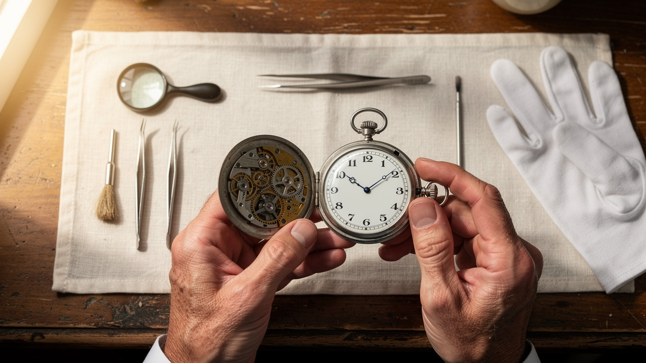 Expert horloger examinant une montre à gousset ancienne