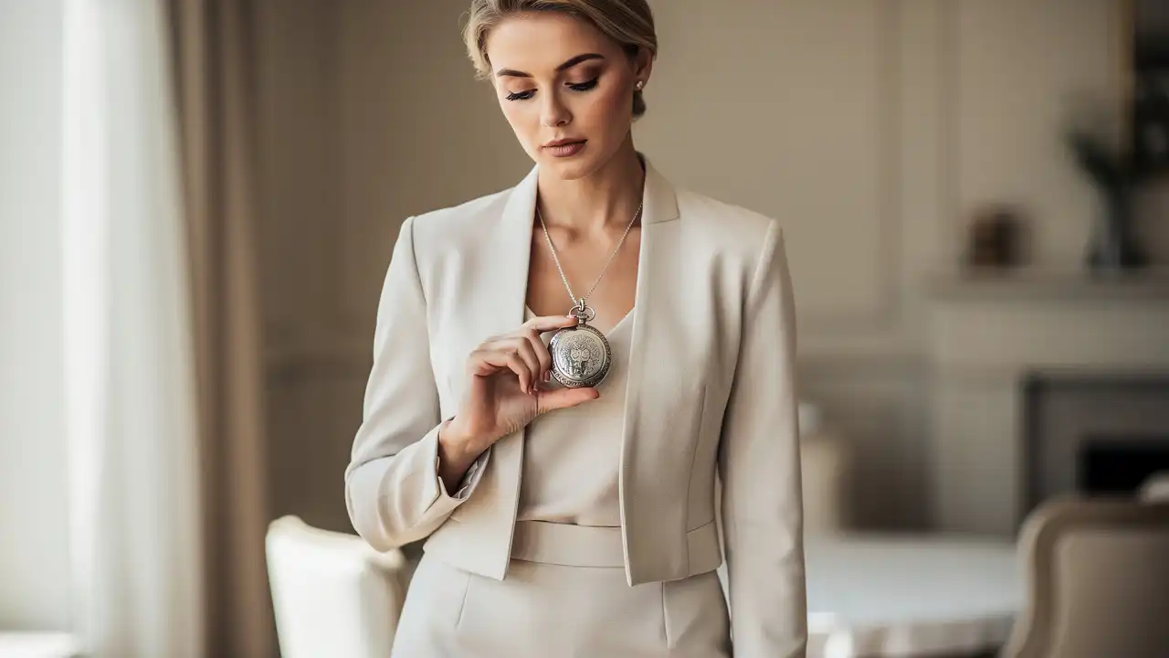 Femme élégante portant une montre à gousset en pendentif