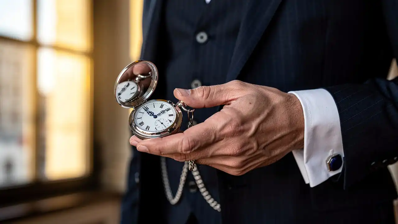 Homme élégant en costume tenant montre à gousset