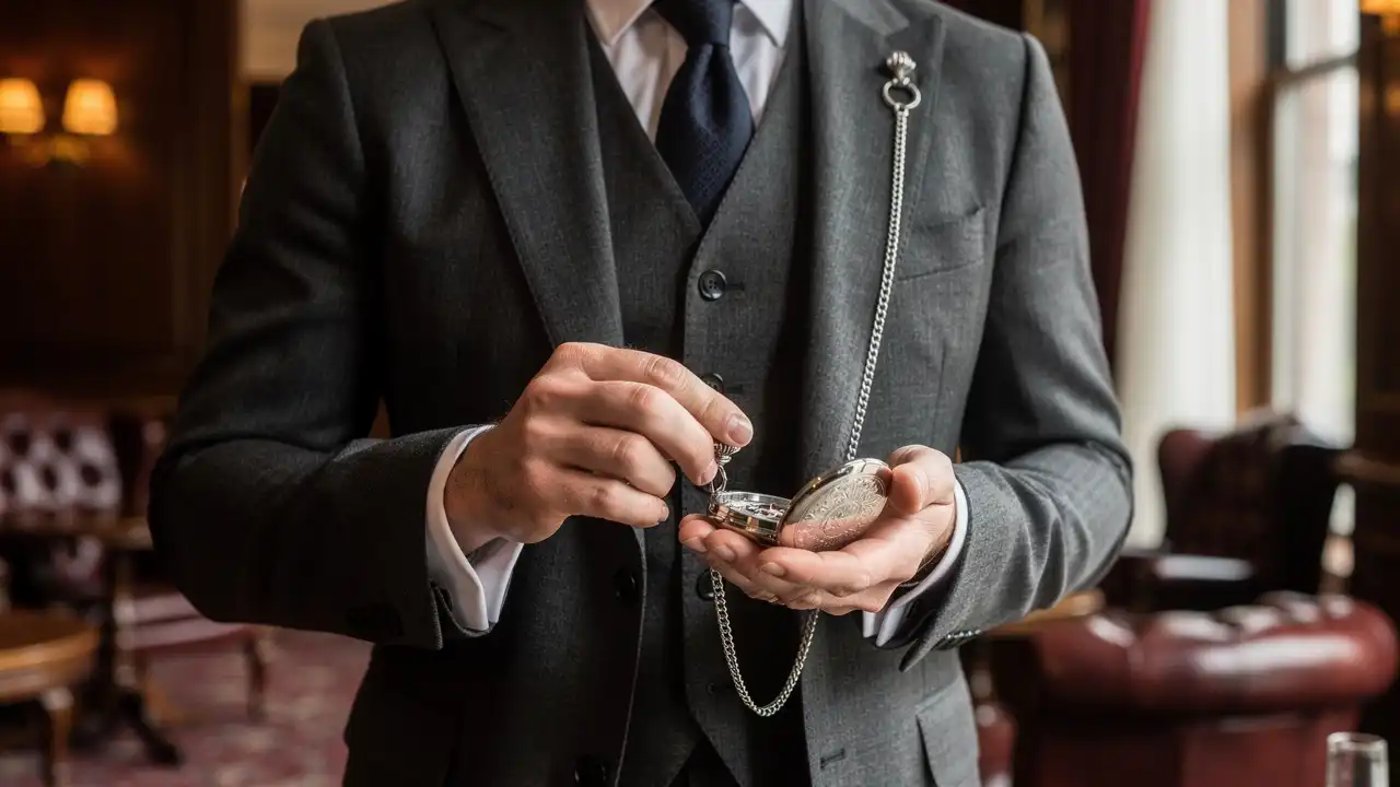 Gentleman en costume trois pièces avec montre à gousset