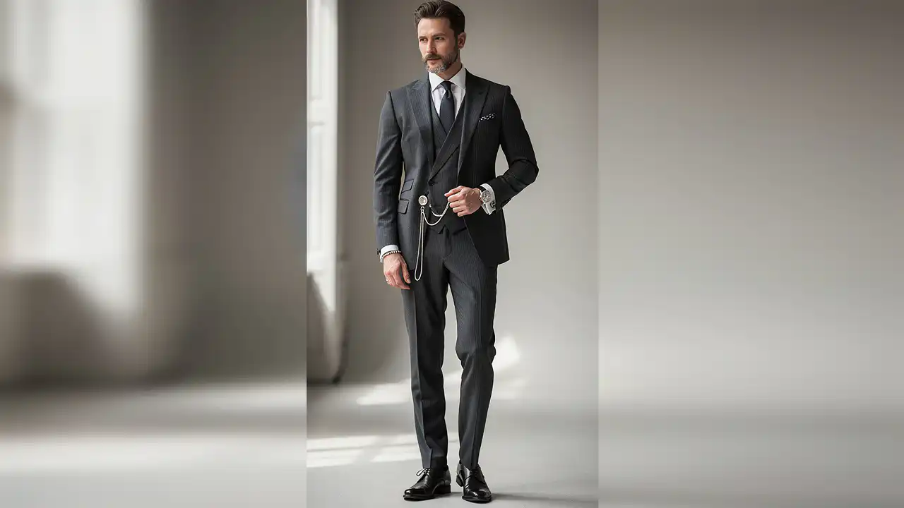 Gentleman en costume trois pièces avec montre à gousset et chaîne