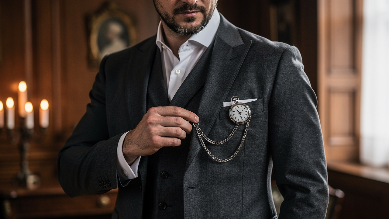 Gentleman en costume trois pièces sortant sa montre à gousset