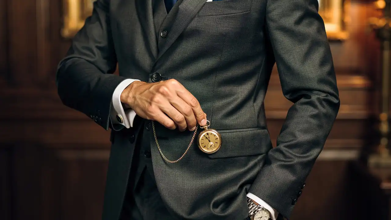 Homme élégant en costume portant une montre à gousset